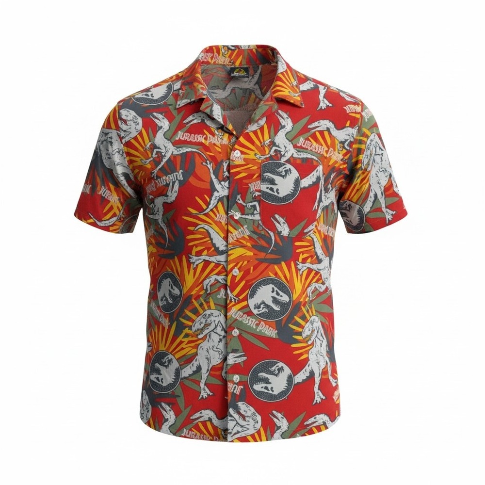 Jurassic Park Mens Medium Red Rayon Dinosaur Graphic Short Sleeve ButtonUp Shirt